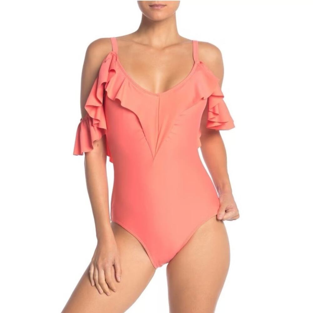 NWT Nicole Miller Womens Swimsuit Ruffled Cold Shoulder 1-PC Bathing suit S